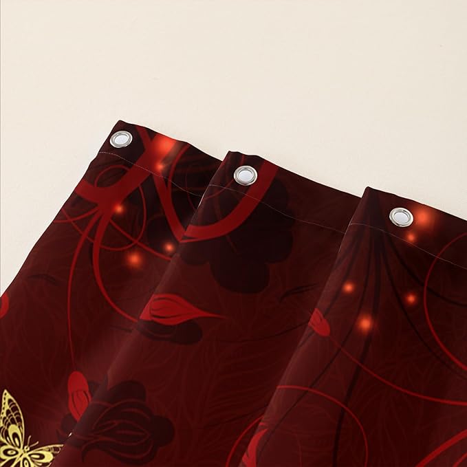 AILONEN Rose Butterfly Waterproof Curtain,Red and Gold Butterfly Floral Bath Curtain,Modern Chic Flower Polyester Fabric Red Curtain with 12 Plastic Hooks, 72" W x 72" H