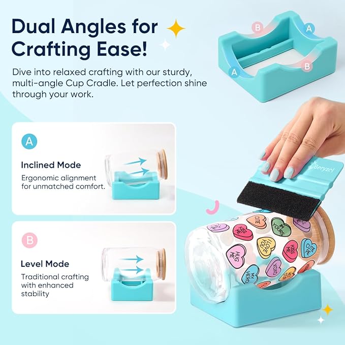 Silicone Cup Cradle, Cup Cradle for Tumblers Use to Apply UV DTF Decal/Apply Vinyl Decals -Keep Mugs in Place with Felt Squeegee（Cyan）