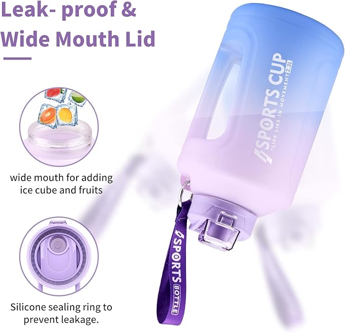 Water Bottle with Time Marker, 78OZ/Half Gallon Leak-proof Water Jug, Large Portable Water Bottles with Handle, BPA Free Fitness Water Jug for Gym, Outdoor, Sport (Purple)