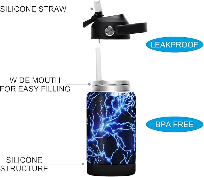 Kids Insulated Water Bottle with Straw,12oz Toddler Cups with Stainless Steel Leak Proof for School Boys Girls（Lightning）