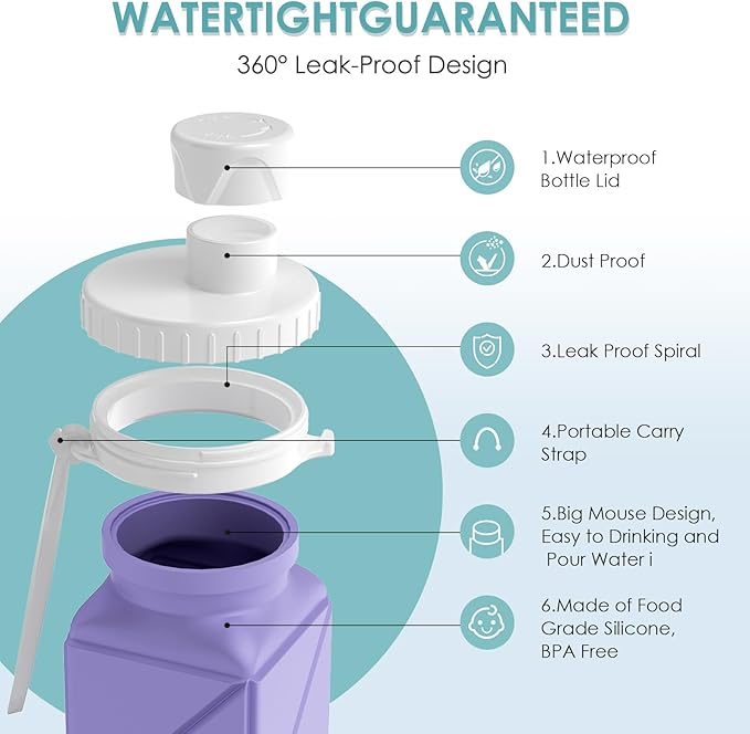 Collapsible Water Bottles,BPA-Free Leak-Proof Silicone Foldable Water Bottle Cup 20.6oz,Durable Lightweight Bottle for Gym Travel Camping Hiking Running (Light Purple)