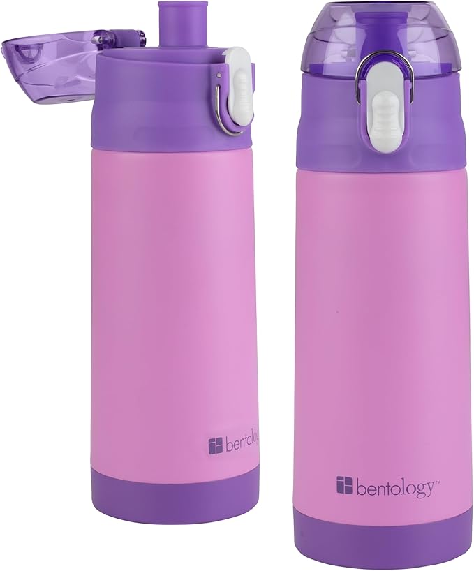 Bentology Stainless Steel 13oz Insulated Kids Water Bottle w Built In Straw- Easy to Open, Reusable BPA-Free, Fits in Most Lunch Boxes for Boys, Girls, School, Sports, Camp- Keep Drink Cold All Day