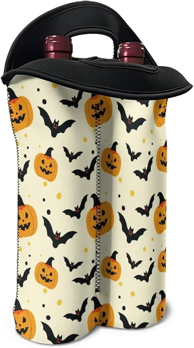 doginthehole 2 Bottle Wine Carrier Tote Halloween Pumpkin Bats Print Wine Bottle Protector Bag Portable Neoprene Wine/Beer/Champagne/Water Bottle Holder for Travel with Handle