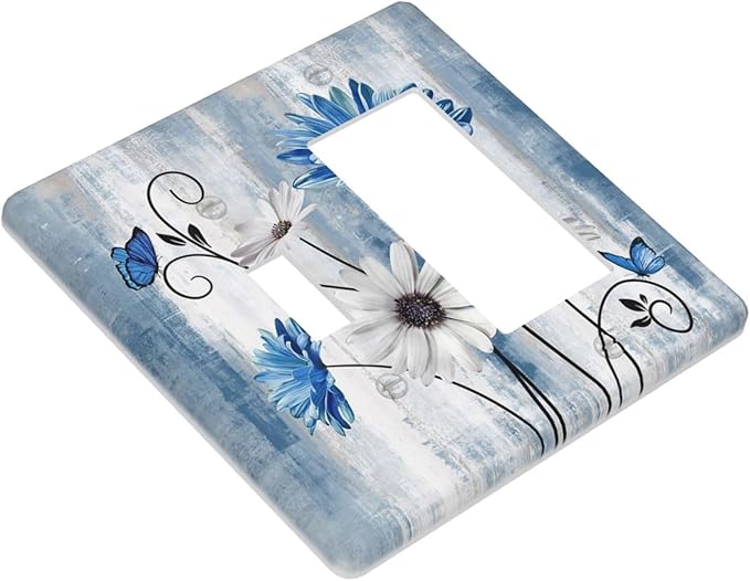 Rustic Teal Blue Daisy Floral 2 Gang Single Toggle Rocker Combination Light Switch Covers Wall Plate Cover Electrical Faceplate Decorative Switchplate for Country Bathroom Bedroom Kitchen Decor