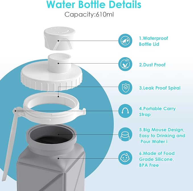 Collapsible Water Bottles,BPA-Free Leak-Proof Silicone Foldable Water Bottle Cup 20.6oz,Durable Lightweight Bottle for Gym Travel Camping Hiking Running (Grey)