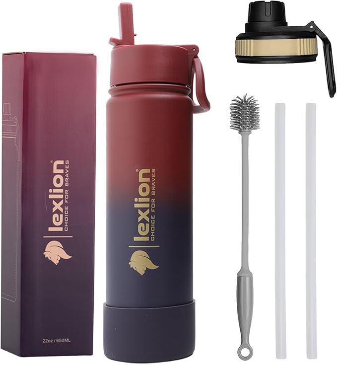 Water Bottle 22oz, Triple Walled Insulated Stainless Steel Reusable Bottle, Silicone Sleeve, Cleaning Brush, 2 Lids (Spout lid & Straw lid w/2 straw), Metal Mug Gallon, BPA Free, Dark Rainbow