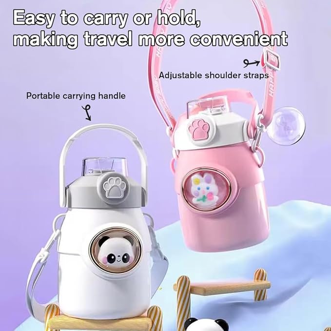 Cute Water Bottle with Strap and Straw 22oz Aesthetic Kawaii Water Bottles BPA-free Leak-proof Insulated Water Bottles for Girls Sports Travel(Pink)