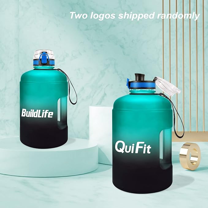 QuiFit Motivational Gallon Water Bottle - with Time Marker & Infuser & Flip Top Leak-Proof Reusable Water Jug for Fitness Outdoor Sports Enthusiasts BPA Free (A8-Green/Black Gradient, 1 Gallon)