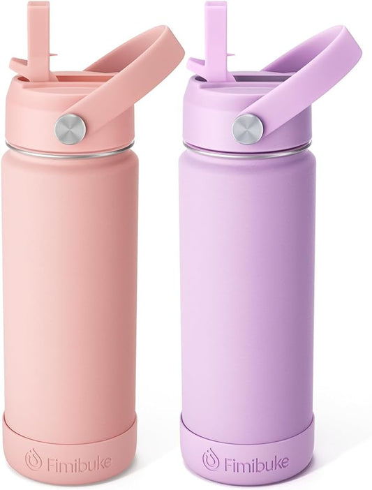 Fimibuke Kids Insulated Water Bottle - 18oz BPA-FREE Kids Cups with Straw Double Wall Vacuum Tumbler 18/8 Stainless Steel Leak Proof Toddler Water Bottle for School Boys Girls (2 Pack, Milky Pastel)