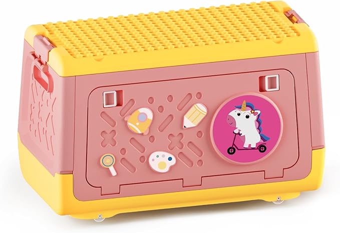 Toy Box Chest with Lid, Unicorn Collapsible Storage Organizer for Kids Boys Girls, Plastic Stackable Toddler Toy Bins with Building Block Lid (Pink)