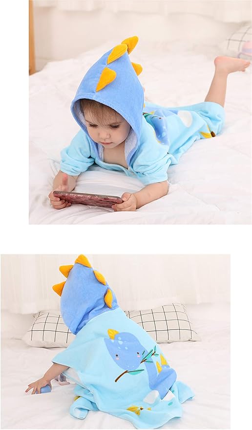 TONWHAR Kids Bath/Pool/Beach Hooded Poncho Towel-Cartoon Animal Pattern Cotton Beach Towel for Baby and Kids (New Dinosaur, 1-4 Years/Height:33.4"-43.3")