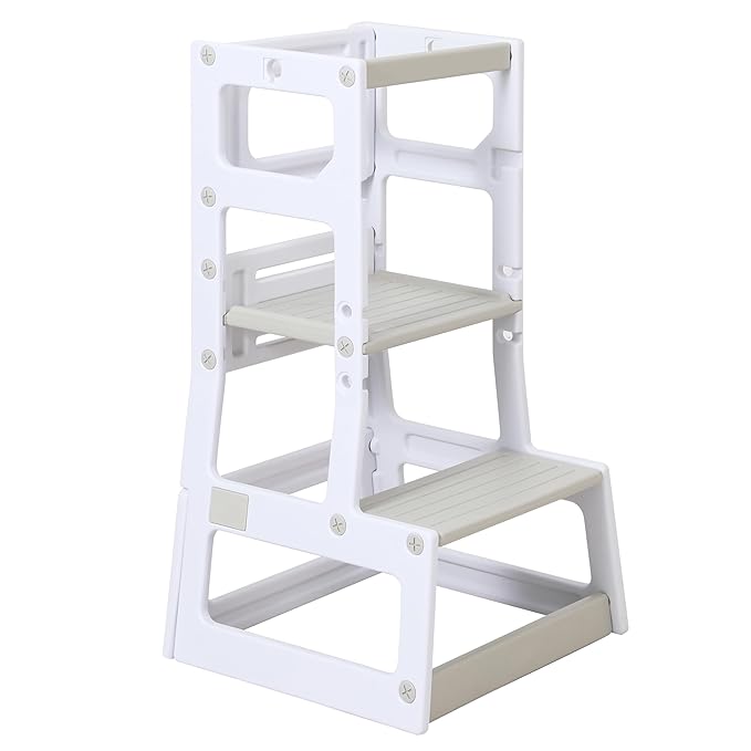 SDADI Mother's Helper Adjustable Height Plastic Kitchen Step Stool for Children, Kids Toddlers Counter Level Learning Stool for Kitchen & Bathroom,Beige and Light Grey