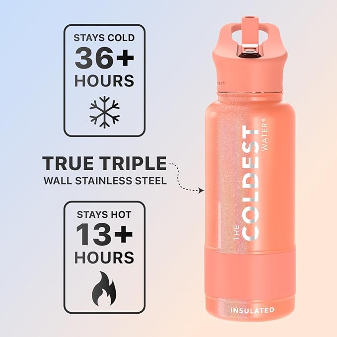 Coldest Sports Water Bottle with Straw Lid Vacuum Insulated Stainless Steel Metal Thermos Bottles Reusable Leak Proof Flask for Sports Gym (32 oz, Pink Froze Glitter)