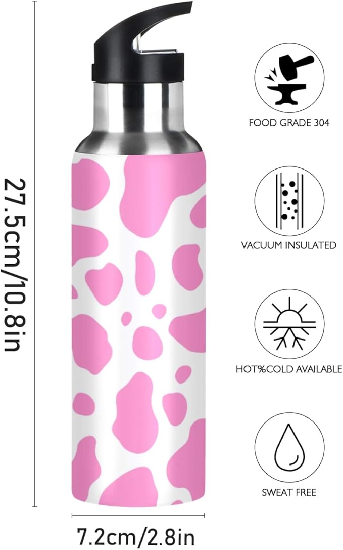 Qilmy Black and White Leopard Water Bottle Vacuum Insulated Stainless Steel Water Bottles with Straw Lid Leakproof Wide Mouth Water Flask for Fitness Outdoor Sports, 20 oz