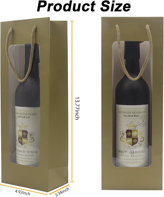 WAKAKO 12 Pcs Wine Gift Bags for Wine Bottles, Reusable Clear Window Wine Bottle Bags Bulk with Handles for Weddings, Valentine's Day, Birthday, Party, Graduations, Thanksgiving (gold)
