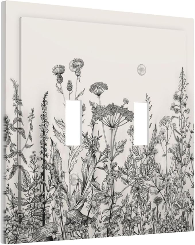 Vintage Grey Floral Herbs Wild Flowers Botanical Double Toggle Boho Light Switch Covers Decorative Country Unique 2 Gang Wall Plate Dual Electrical Faceplate Switchplate for Living Room