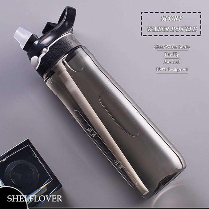 SHELFLOVER Black Water Bottle With Narrow Straw, BPA FREE Clear Bottles With Handle One Hand Use Easy Carried, Flip Up, Suit School, Office, Gym, Office, 24oz (750ml), SLWB24OZP