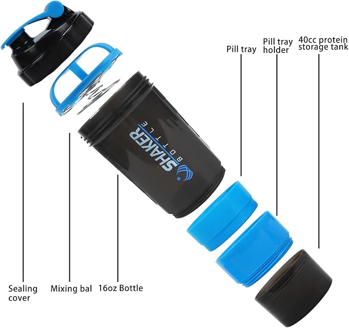 Shaker Bottle - Protein Shaker Cup with Storage Compartments - Leak-proof Workout Shake Bottles with Mixer for Smooth Mixing-500ML/16oz (BLUE & BLACK)