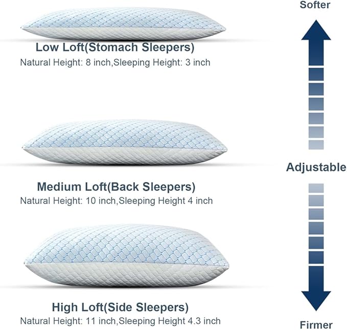 Uniqwamer Cooling Bed Pillows for Sleeping 2 Pack Shredded Memory Foam Adjustable Pillows Standard Size Set of 2 for Side Back Sleepers - Luxury Extra Comfy Gel Pillows with Washable Removable Cover