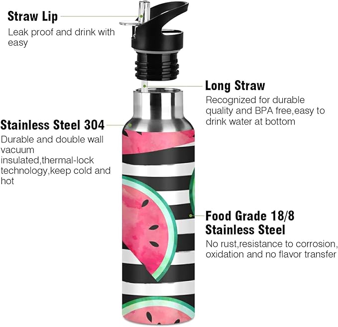 xigua Watercolor Watermelon Slices Stainless Steel Water Bottle with Straw, BPA Free Reusable Leakproof Water Jug for Fitness Camping Outdoor Sports