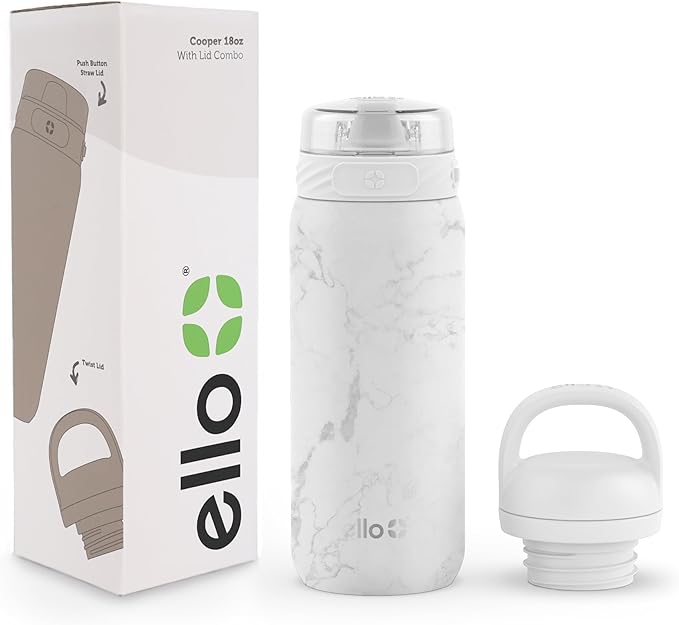 Ello Cooper 18oz Kids Stainless Steel Water Bottle with 2 Lids Chug and Straw | Leak Proof Double Walled and Vacuum Insulated | Fits Car Cupholder | Built in Carry Loop | Dishwasher Safe |White Marble