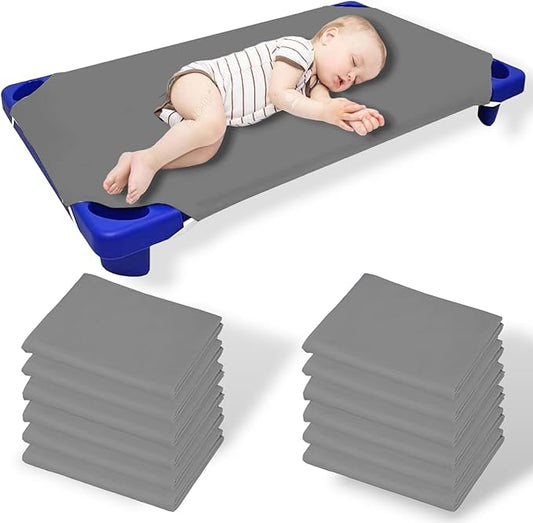 Pack of 12 Cot Sheet for Daycare Preschool Cot Bed -Polyblend Fabric with Corner Elastic Cots Sheets Fits On 22" X 40" Inches Size Toddler and Preschool Daycare Cot Light Grey 22 X 40 Size