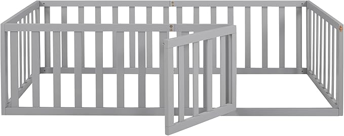 Twin Size Floor Bedframe with Door and Safety Guardrails Fence, Solid Wooden Toddler Montessori Platform Bed for Children Bedroom, Boys Girls, Kids Playroom