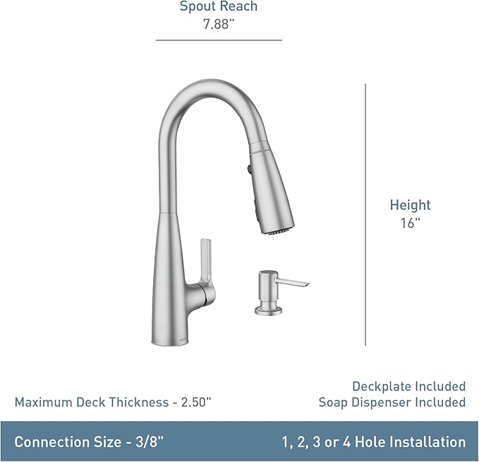 Moen Haelyn Spot Resist Stainless Single-Handle Pull-Down Sprayer Kitchen Faucet with an LED Light ColorCue Temperature Indicator and Soap Dispenser, 87627EISRS