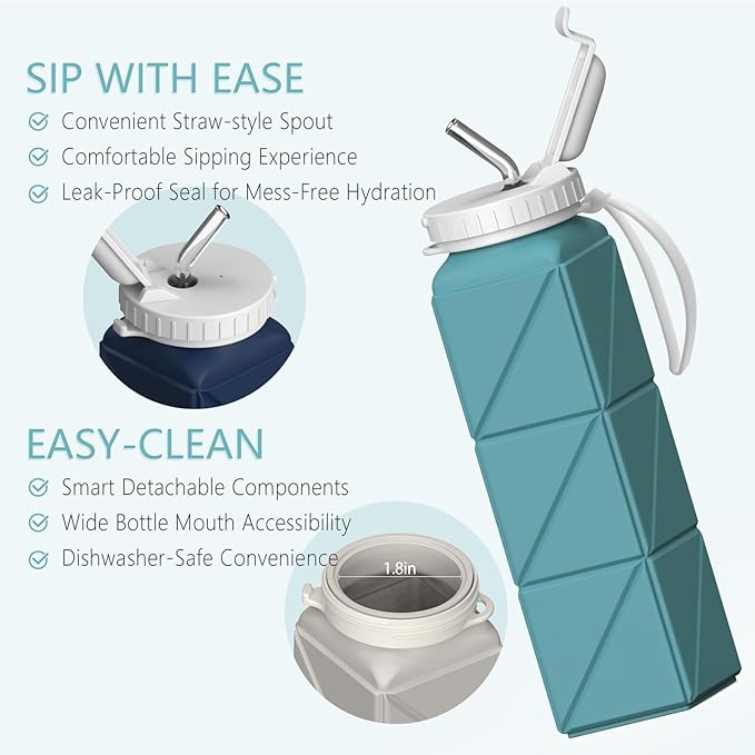 Collapsible Water Bottles, Silicone Foldable Portable Water Bottle 610ml, Lightweight Reusable Leakproof for Travel Camping Hiking Cycling Yoga Sports Outdoor