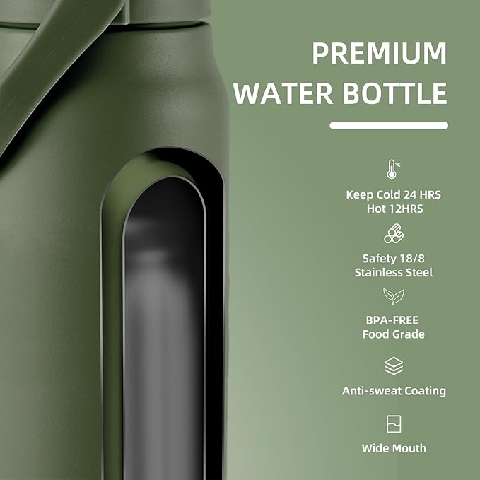 ColorSub 50oz Insulated Water Bottle With 2-in-1 Straw and Chug Leakproof Lid, BPA Free Stainless Steel Wide Mouth Sports Water Cup Flask Army green