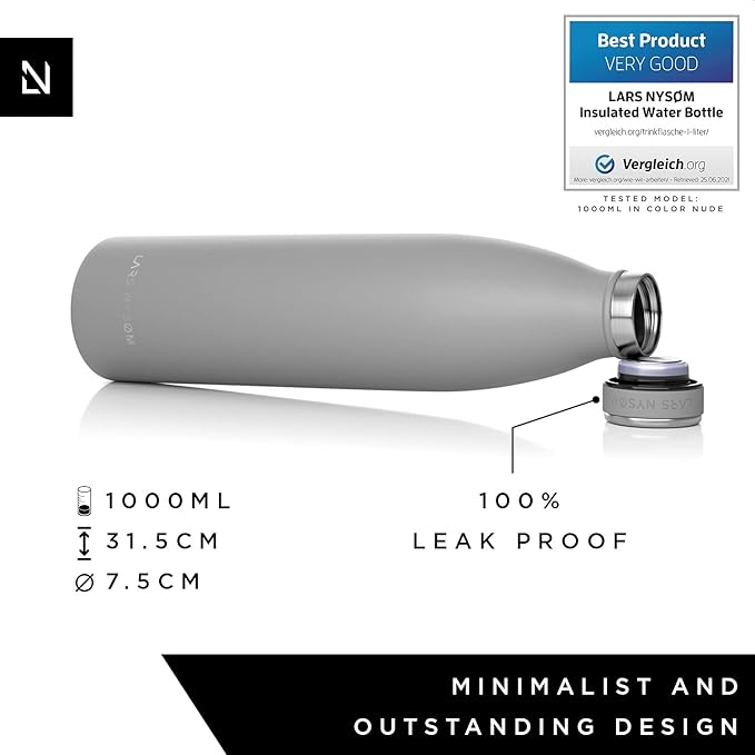 LARS NYSØM Stainless Steel Insulated Water Bottle 12oz 17oz 25oz 34oz 51oz | BPA-free Insulated Thermo Flask for Hot and Cold Beverages | Leakproof Drinking Bottle (Cool Grey, 34oz)