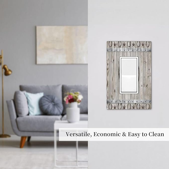 Rustic Western Wood Barn Door Horseshoe Iron Star 1 Gang Rocker Light Switch Covers Single Decora Outlet Wall Plate Decorative Switchplate Faceplate GFCI for Farmhouse Country Bedroom Decor