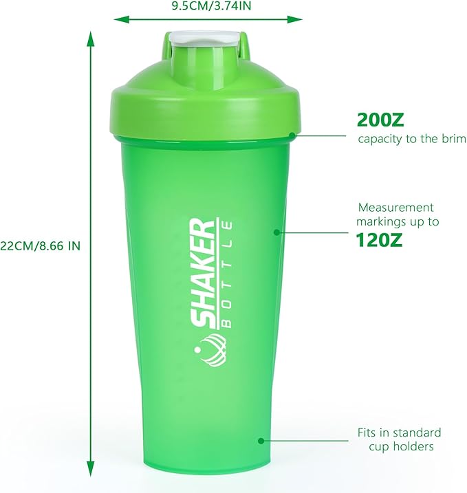 Shaker Bottle, 600ml Classical Protein Shaker Cup with Mixing Ball for Smooth blending, Leak-Proof GYM Workout Water Bottles for protein& Smoothie Shake，Bpa Free (20oz / Green)
