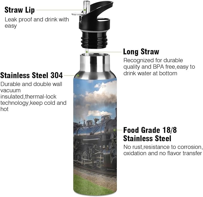 Vintage Steam Train Stainless Steel Water Bottle with Straw Lid - 20 Oz Sports Insulated Water Bottle Thermos for Sport Gym Outdoor Travel School