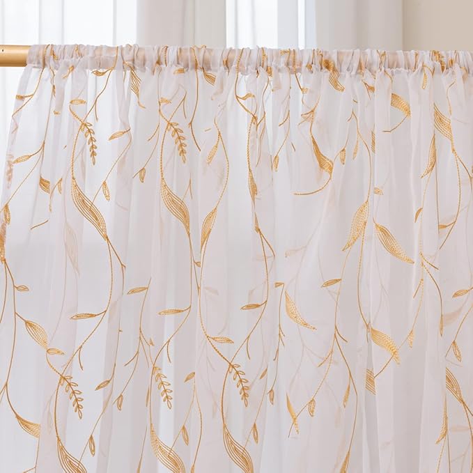 Windows Sheer Curtains Embroider Yellow Leaf 72 Inches Length 2 Panels Voile Light Filtering Sheer Curtains Panel Basic Rod Pocket for Bedroom Living Room Children Room