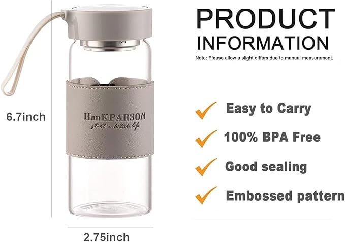 Glass Water Bottles 16 Oz Borosilicate water bottle-with sealing cap and Holsters and filters - BPA free,Men and Women Portable Glass Bottle (Grey)