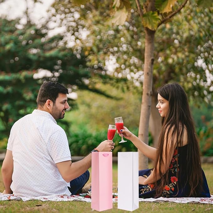 KEYYOOMY Wine Gift Bags - 10 Pack Pink Kraft Paper Wine Bottle Gift Bags with Handles for Wedding Birthday Housewarming Christmas Party Supplies(10CT, 13.8x4.3x3.5 IN, Pink)