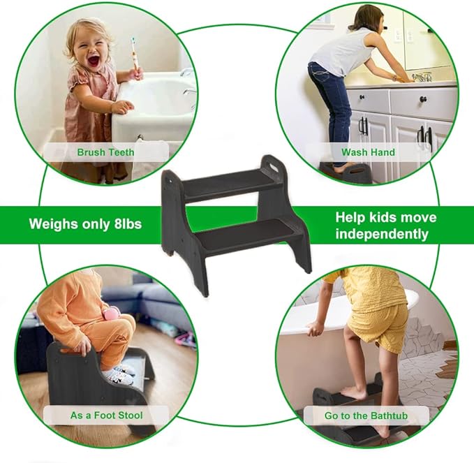StrongTek Wood 2 Step Stool for Kids with Non-Slip Stepping Surface, Portable Handles, Skid Resistant Foot Pads, and 300 lbs. Capacity, Multipurpose Heavy-Duty Support (Espresso)
