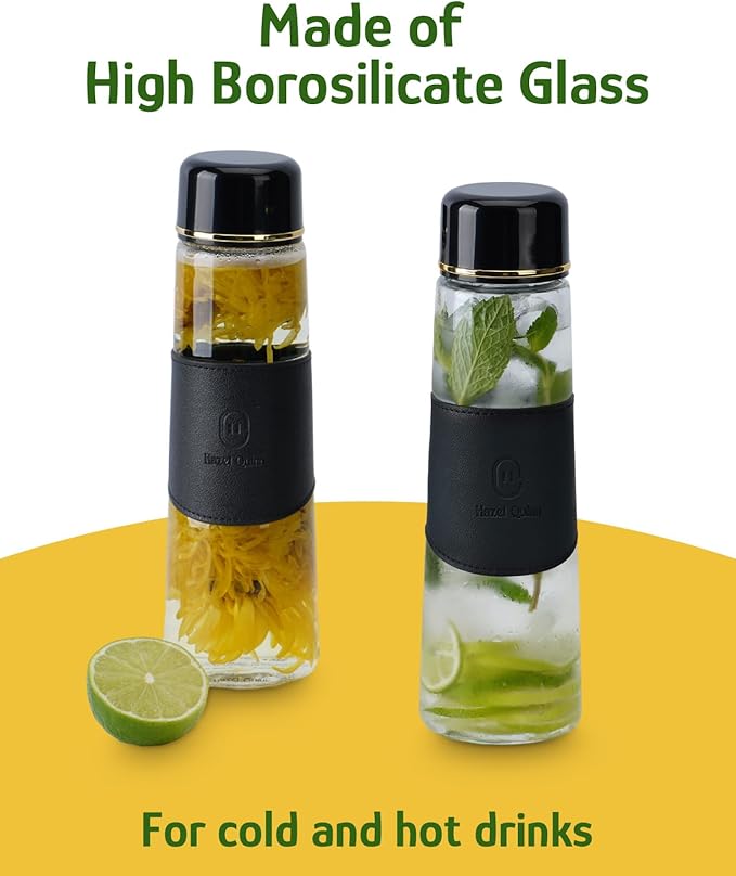 Hazel Quinn Glass Water Bottles - 450 mL / 15 oz Borosilicate Glass Juice Bottle with Leather Cup Sleeve, Reusable BPA Free