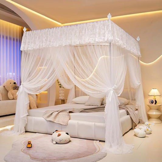 Mengersi Canopy Bed Curtains Bed Canopy,Canopy for Bed Curtains-Cozy Drape Netting,Princess Bed Drapes for Girls Adults Bedroom Decoration(King,White)