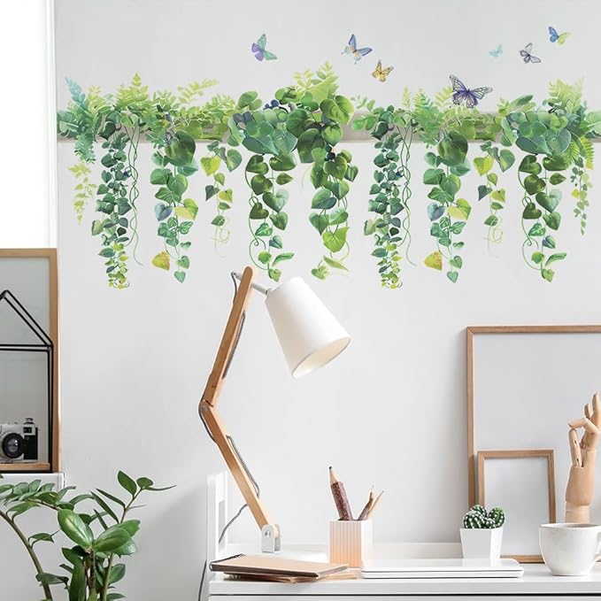 Green Leaf Wall Decals Hanging Vine Wall Stickers Plant Butterfly Wall Decal DIY Removable Wall Art Decals Peel and Stick Art Murals for Kitchen Bedroom Classroom Kids Nursery Decor