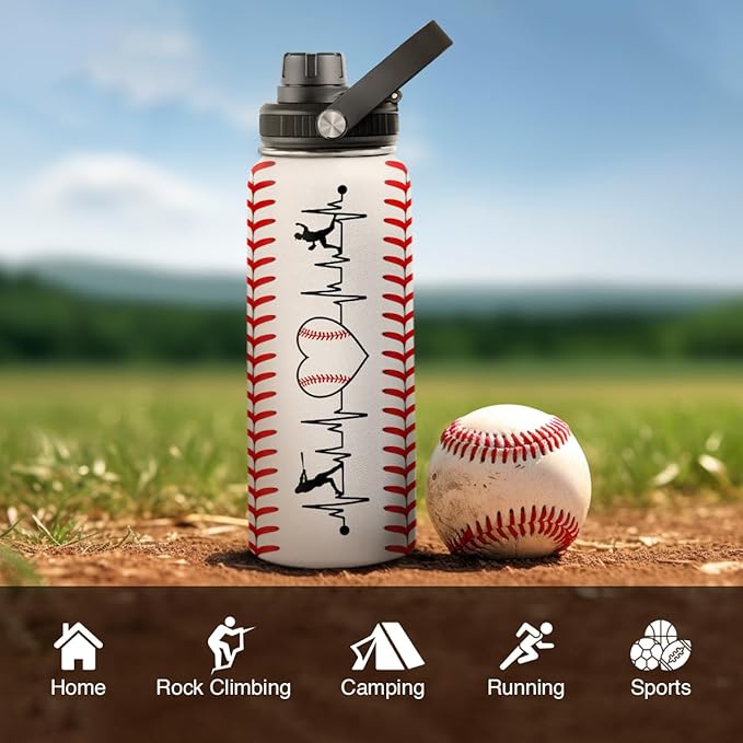SANDJEST Baseball Water Bottle 32oz Stainless Steel Insulated Bottles for Men Women Sports Lovers Baseball Fan Players Coach - Baseball Gifts for Birthday Christmas