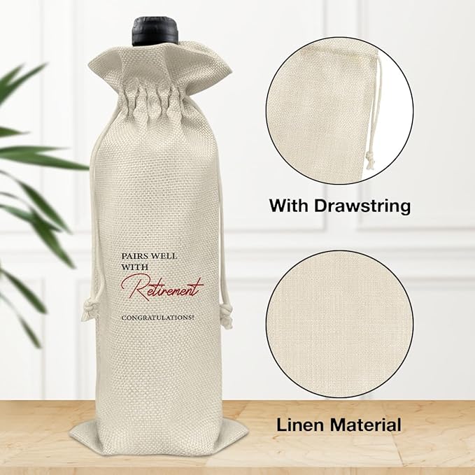 Retirement Wine Bag, Goodbye Gift for Coworkers, Retired Gift for Women Men, Going Away Gifts for Coworker Friends, Pairs Well with Retirement Wine Bag Happy Retirement Burlap Drawstring Wine Bag