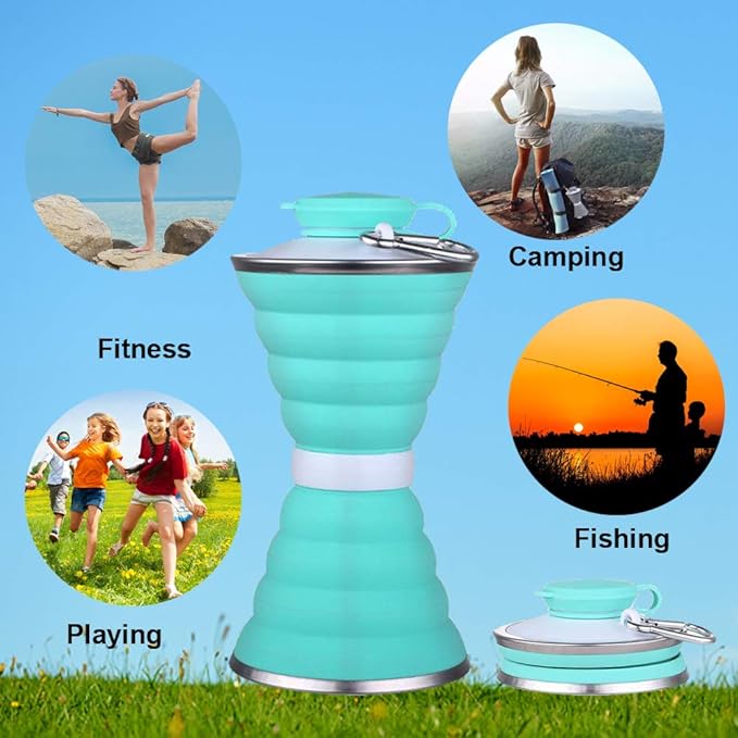 Collapsible Water Bottle, Camping Cup With Carabiner, Reuseable Silicone Foldable Leak Proof Portable Sports Travel Water Bottles For Outdoor, Travel Gym Hiking, BPA Free, Cycling Cups with Carabiner
