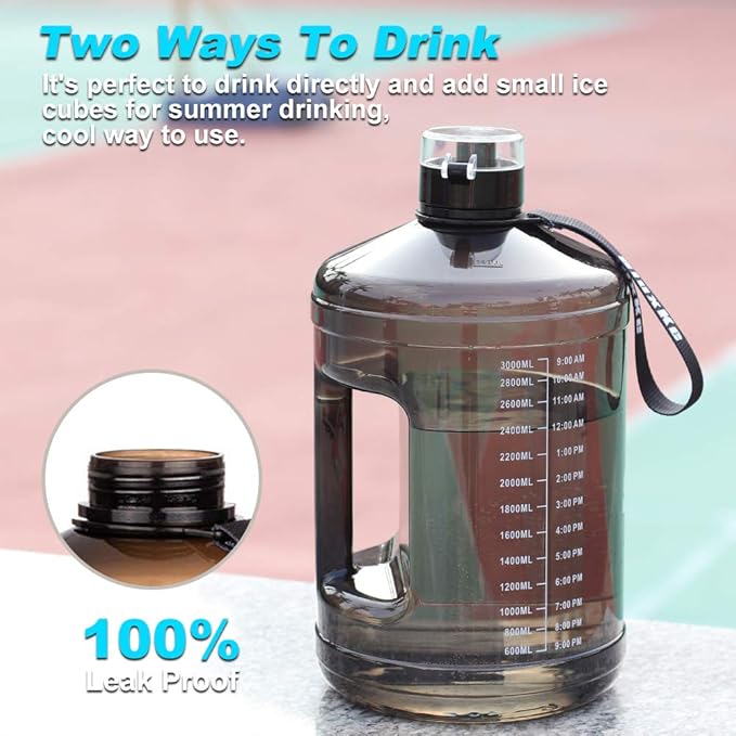 Gallon Big Water Bottle with Handle, 128oz Leakproof BPA Free Fitness Sports Water Bottle with Motivational Time Marker & Wide Mouth Ensure You Drink More Water