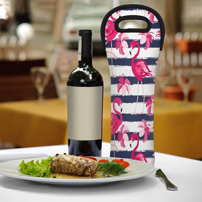 Flamingo Stripe Single Bottle Wine Gift Tote Carrier Neoprene Wine Tote Bags Holder Cooler Wine Lover Gift