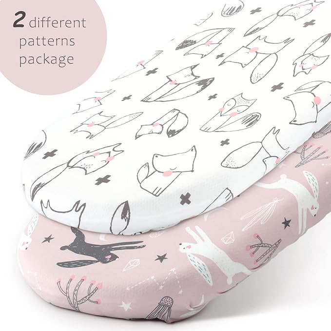GRSSDER Stretchy Ultra Soft Fitted Bassinet Sheet Set 2 Pack, Universal Fit for Bassinets Baby Cradle Moses Basket Oval Rectangle Pad/Mattress, Cute Foxes and Rabbits Bassinet Sheets for Girls