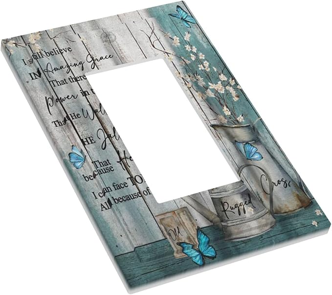 Vintage Teal Butterfly Inspirational Quotes Wood Plank 1 Gang Rocker Light Switch Covers Single Decora Outlet Wall Plate Decorative Switchplate Faceplate GFCI for Farmhouse Country Bedroom Decor