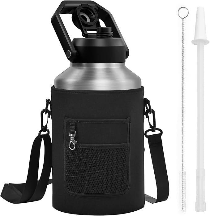 Half Gallon Water Bottle Insulated, 64oz Stainless Steel Half Gallon Water Jug with Straw, Spout,Handle and Carry Sleeve, Wide Mouth,Leak Proof, Keeps Drinks Hot and Cold, Metal Canteen Flask
