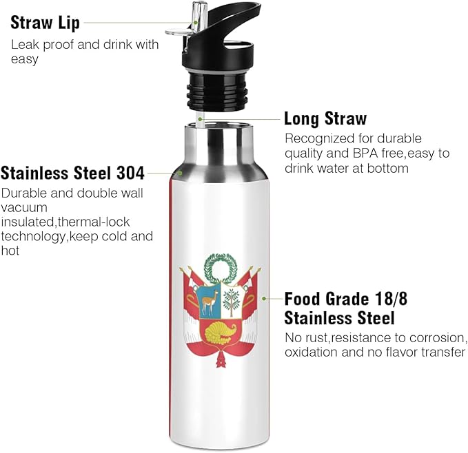 Peru Flag Sports Water Bottle, Double Wall Vacuum Insulated Stainless Steel Water Bottle with Straw Keeps Hot and Cold, Bike Running Sports Travel Gym 20oz